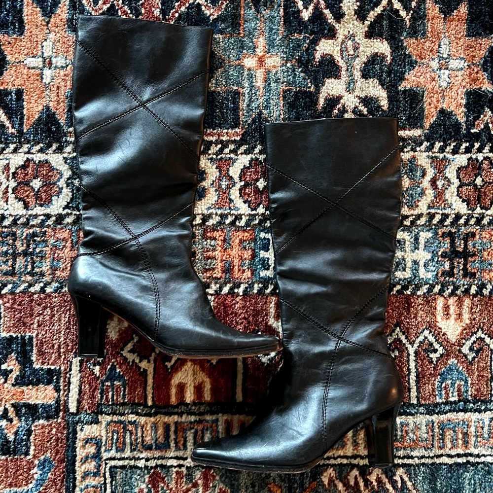 Black leather mid calf boots with square toe